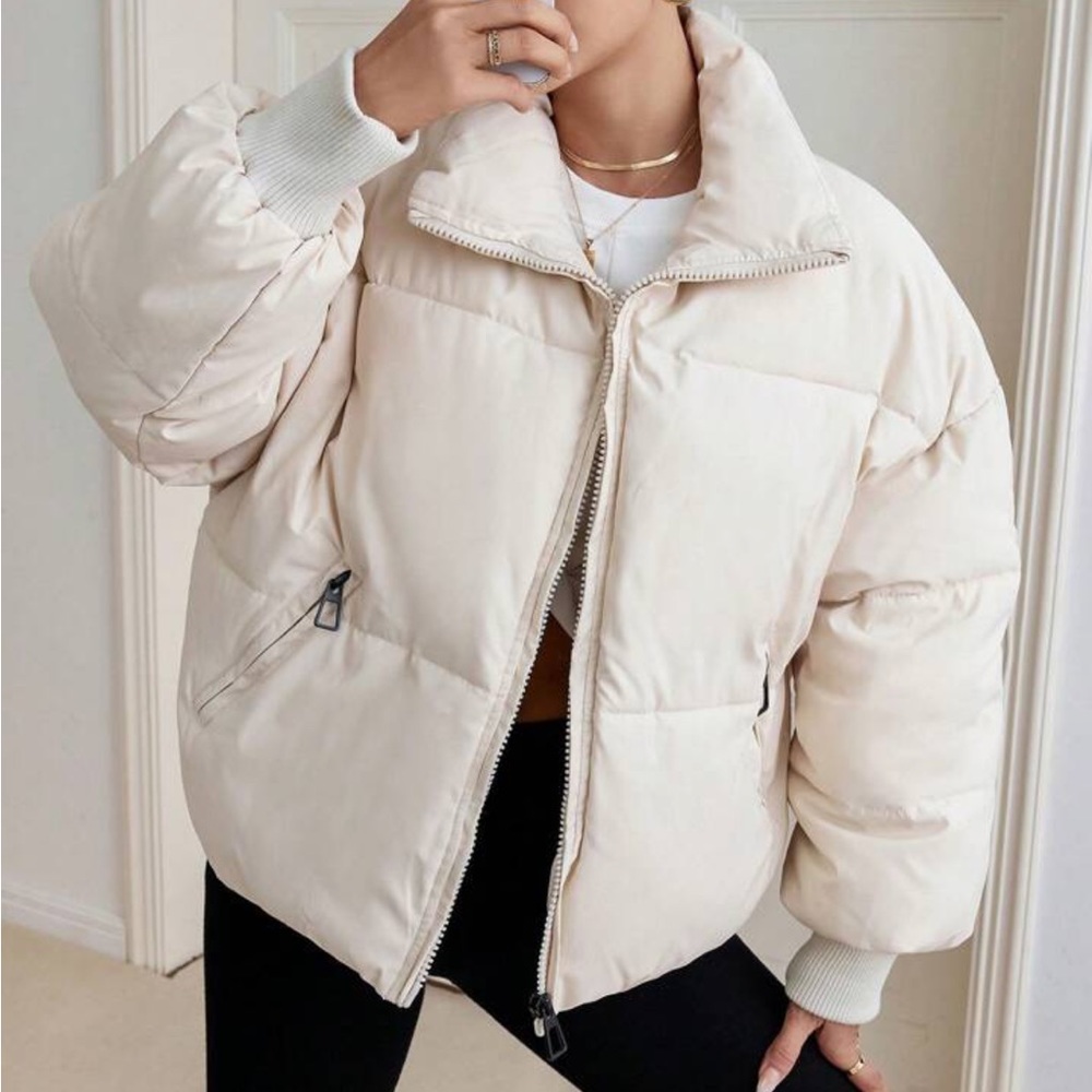 Shein Essnce Zip Up Drawstring Hem Puffer Coat. EUC. Color camel. Size Large. - Picture 10 of 11